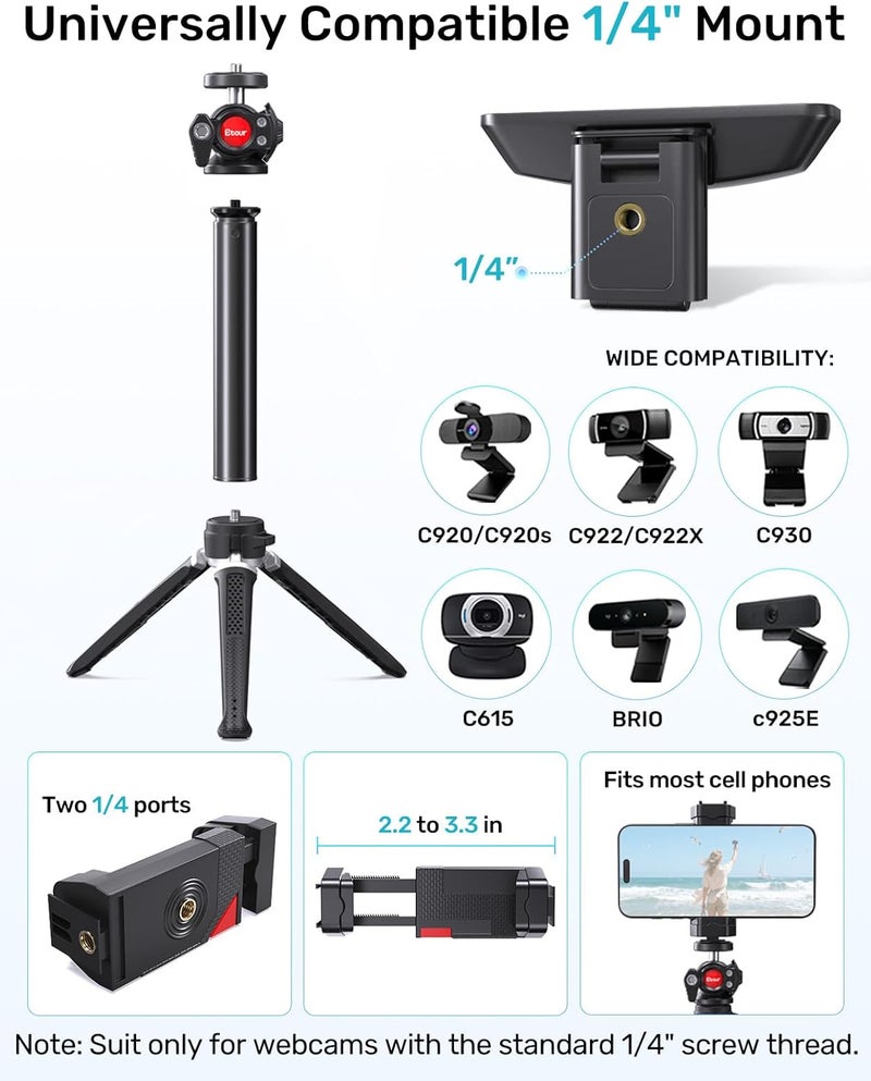 Etour Webcam Tripod Stand, Height Extendable Tripod with 360° Swivel Balhead for Webcam/Camera/Phone, for NexiGo N60 Logitech Webcam C920 C922 C922x C925e C930 C930e C615 Brio 4K with 1/4" Thread - Image 5